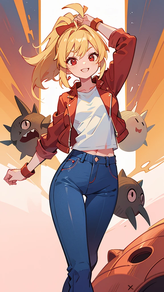 Girl、 blonde ponytail、Ahoge、Big round red eyes、 evil smile、Small breasts、 white t-shirt、Red leather rider jacket、Blue jeans pants、 holding a plasma spear