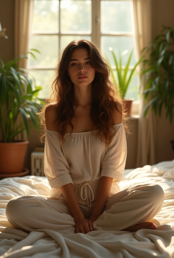 (photorealism:1.2), beautiful woman, sitting on bed, wearing loose off-shoulder top, pajama pants, long curly hair, indoors, soft lighting, plants in background, window with sunlight, cozy room, relaxed pose, realistic, intricate details, warm colors, by Greg Rutkowski, by Alphonse Mucha