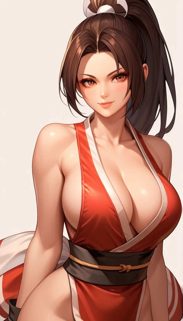 score_9_up, score_8_up, score_7_up,score_6_up, score_5_up, score_4_up , 1girl, solo, huge breasts, PonyShiranui, white japanese clothes, revealing clothes, cleavage, high ponytail, looking at the viewers, cross arm, cowboy shot, simple background