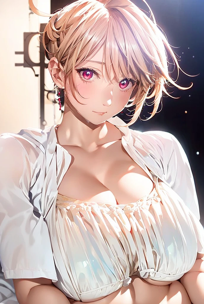 1girl, Alone, looking at viewer, short hair, simple background, brown hair, white background, white shirt, parted lips,Large Breasts,  heavy makeup,  due to abdominal pain, Blonde, Brown Hair,  earrings with cups,  pink eyes ,  shiny hair ,  two side up , Multiple ahoge, Big Ahoge, Spiky Hair, 