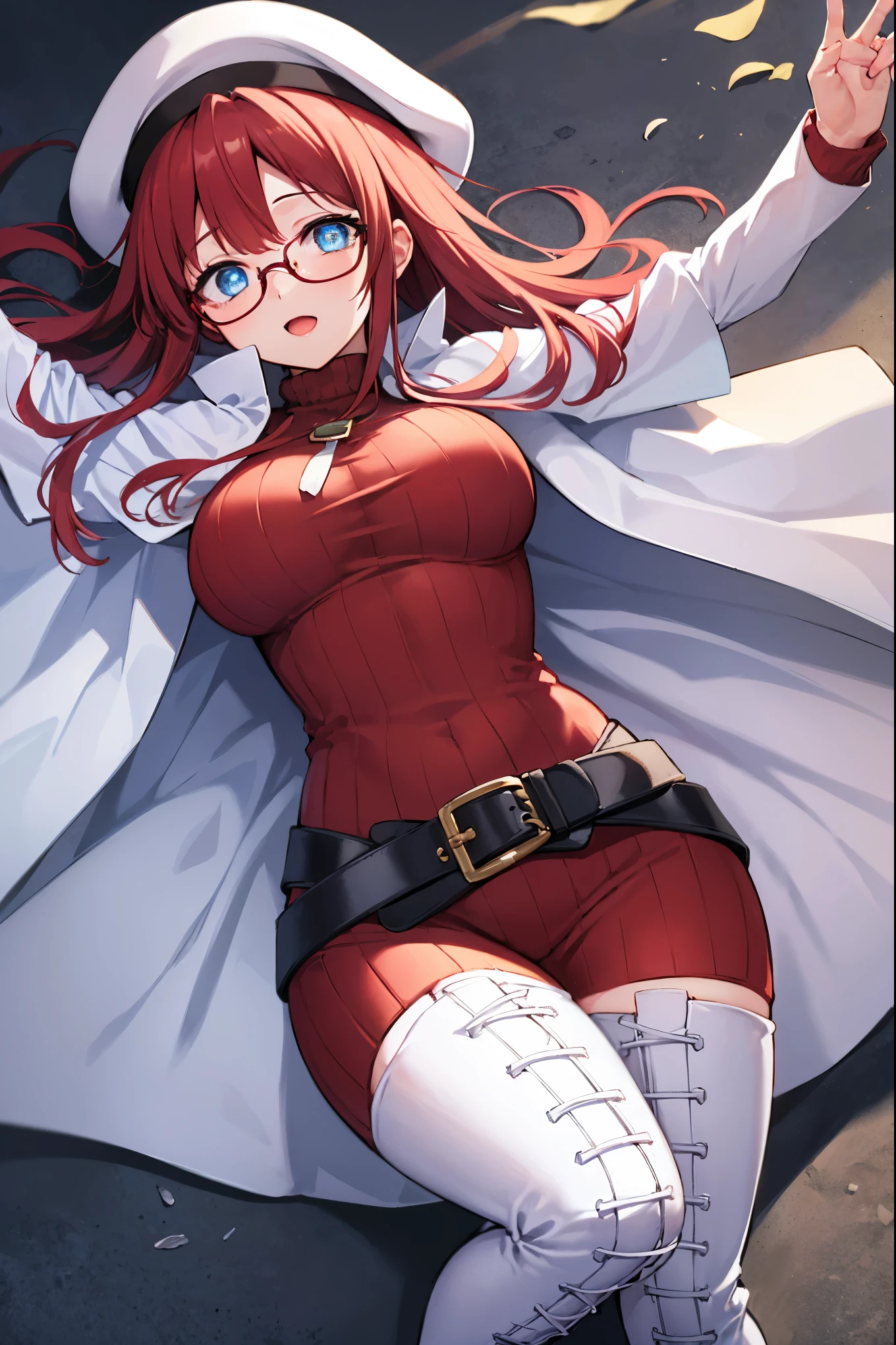 best quality, integrated scenery, integrated background, extremely delicate and beautiful, meticulous details, good composition, cute face, perfect face, perfect hands ,summonnightaty, aty, (young:1.3),long hair, blue eyes, red hair, large_breasts, hat, glasses,
BREAK long hair, thighhighs, dress,  glasses, belt, cape, sweater, turtleneck ,zettai ryouiki, beret, thigh boots, white footwear, ribbed sweater, loose belt,solo,
BREAK outdoors, fantasy,
,Highquality_hads,perfect_fingers,
BREAK , best quality, high resolution, unity 8k wallpaper, (illustration:0.8), (beautiful detailed eyes:1.6), extremely detailed face, perfect lighting, extremely detailed CG, (perfect hands, perfect anatomy),(covered_nipples:0.6),(covered_navel:0.6) ,half_eyes,sleepy_eyes,red_sweater,rise_knee,light_Smile,open_arms,in_beach,plump,open_mouth,solo, lie_down,,incoming_hug,open_arms,(covered_breasts:1.5),on_back