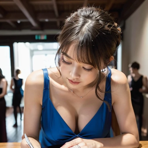 masterpiece, 1girl, downblouse, cleavage, lounge, small breasts, Party Venue, evening dress, updo hair, view front, POV, (looking down:1.4), eyes closed, (Leaning forward:1.3), Putting elbows on the table, standing on across the Reception table, signing guest book, Reception desk, lining up many people behind,