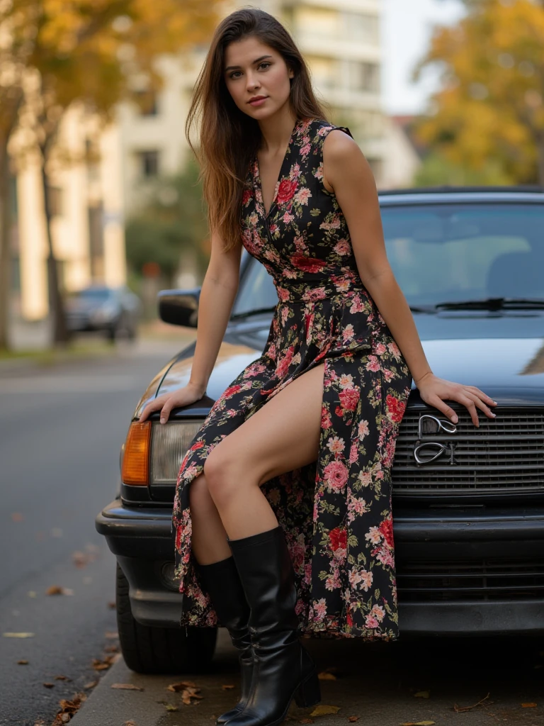 (photorealism:1.2), Professional portrait, a curve asian woman with long black hair, wearing a black floral dress, wearing suede jacket brown, wearing suede boot brown, walking
depicts a vintage car driving down a straight road that stretches to the horizon. The road appears to be in a rural area with farmland on either side, and the time of day appears to be either sunrise or sunset due to the warm color of the sky and the long shadows cast on the road.