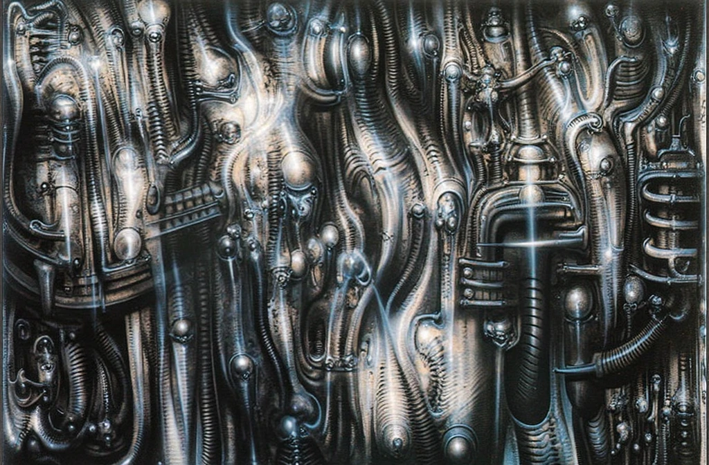 HRGGR, The image is a detailed view of H.R. Giger's biomechanical tableau \" LANDSCAPE No 312 \" plate, featuring a complex, intricate, and detailed design of endless Machine in the transit space over the cascade of fallen water, that appears to be a fusion of organic and mechanical elements, with a focus on the interplay between the two.The piece is a tableau, most likely created with a India ink pen or pencil on paper, determined by the thin lines, shading techniques, and the texture of the paper, which is visible around the edges. Used is pen, given the shading and variations in line weight visible in the image. Artist have used a variety of stylus with different degrees of hardness to achieve the shading effects. The use of undersaturated green-grays dark contrasts creates a stark and graphic look. Is used a variety of linework techniques to create different textures. Fine, parallel lines create a smooth, metallic texture,while thicker, more cursive lines suggest cables or wires. Light source from the top highlights skeletals, pper part of foreground, lower part of image is in shadowupper part of foreground, lower part of image is in shadow. The art performance showcases the artist’s skills in observation and rendering. The level of detail in the piece suggests a close study of real bone specimens and mechanics. The artist has skillfully used shading techniques to create a convincing illusion of three-dimensionality on a flat surface. The wrinkles and cracks in the surface, and the cast shadows with accuracy, used shading techniques to create a realistic depiction of light and shadow on the objects. This creates a sense of depth and dimension in the image. The artist has used careful linework to depict the contours and textures in the piece Sharp focus on foreground elements illustration. Deep and delicate DOF. Big painting. Stored in Louvre masterpiece, ooze soaked pajama top