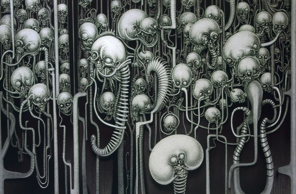 HRGGR, The image is a detailed view of H.R. Giger's biomechanical tableau \" LANDSCAPE No 312 \" plate, featuring a complex, intricate, and detailed design of endless Machine in the transit space over the cascade of fallen water, that appears to be a fusion of organic and mechanical elements, with a focus on the interplay between the two.The piece is a tableau, most likely created with a India ink pen or pencil on paper, determined by the thin lines, shading techniques, and the texture of the paper, which is visible around the edges. Used is pen, given the shading and variations in line weight visible in the image. Artist have used a variety of stylus with different degrees of hardness to achieve the shading effects. The use of undersaturated green-grays dark contrasts creates a stark and graphic look. Is used a variety of linework techniques to create different textures. Fine, parallel lines create a smooth, metallic texture,while thicker, more cursive lines suggest cables or wires. Light source from the top highlights skeletals, pper part of foreground, lower part of image is in shadowupper part of foreground, lower part of image is in shadow. The art performance showcases the artist’s skills in observation and rendering. The level of detail in the piece suggests a close study of real bone specimens and mechanics. The artist has skillfully used shading techniques to create a convincing illusion of three-dimensionality on a flat surface. The wrinkles and cracks in the surface, and the cast shadows with accuracy, used shading techniques to create a realistic depiction of light and shadow on the objects. This creates a sense of depth and dimension in the image. The artist has used careful linework to depict the contours and textures in the piece Sharp focus on foreground elements illustration. Deep and delicate DOF. Big painting. Stored in Louvre masterpiece, ooze soaked pajama top