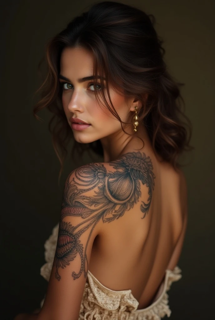 bellissima, 1girl, body is adorned with a collection of beautiful tattoos, each one telling a unique story. Her arms are a canvas of intricate designs, with delicate roses intertwined with intricate geometric patterns. The inked artwork accentuates her graceful movements and adds a touch of edginess to her overall look, focus solo,