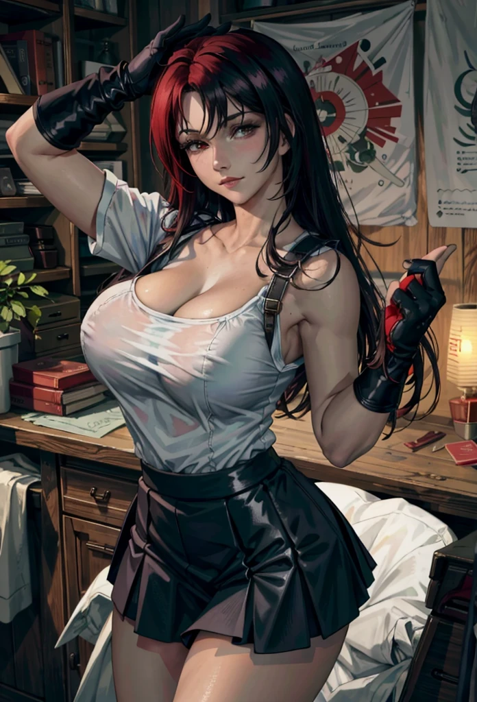 8 k,masterpiece, BSET Quality,big, (1 girl), Tifa Lockhart, red_eyes,   black hair ,  Long hair,  professional lighting , (shiny skin: 1.2), shiny big, (( Best quality )), clear focus: 1.2,   Highly detailed face and skin texture, detailed eyes,  perfect face ,  perfect body ,  blur art , cg, background,  big breasts , presence (20 years, Mature ,  cool and pretty face ), tedious (( braces Black Skirt ),   black elbow gloves  ,  white tight shirt , hip, white top), blush, ( mitgal ), random pose,  The view from above ,