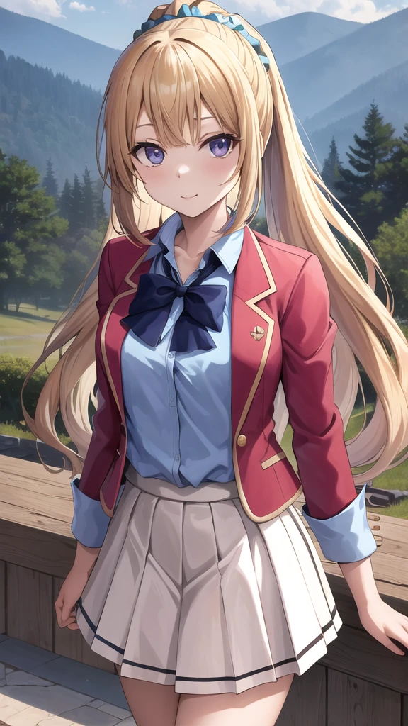 masterpiece, best quality, highres, bbkei, long hair, blonde hair, ponytail, hair scrunchie, collarbone, blue bowtie, collared shirt, blue shirt, red jacket, blazer, open jacket, long sleeves, pleated skirt, white skirt, outdoors, standing, cowboy shot,