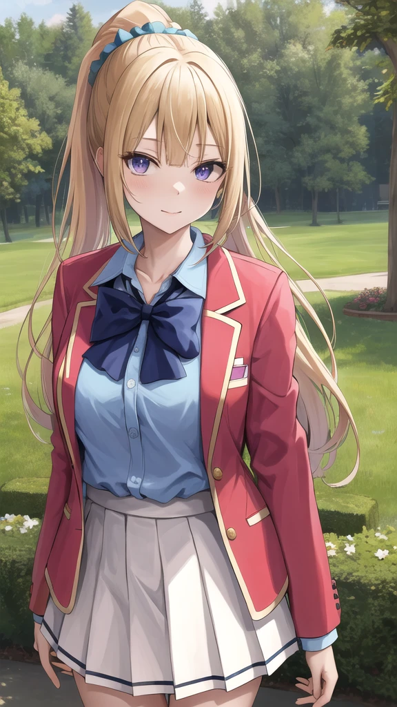 masterpiece, best quality, highres, bbkei, long hair, blonde hair, ponytail, hair scrunchie, collarbone, blue bowtie, collared shirt, blue shirt, red jacket, blazer, open jacket, long sleeves, pleated skirt, white skirt, outdoors, standing, cowboy shot,