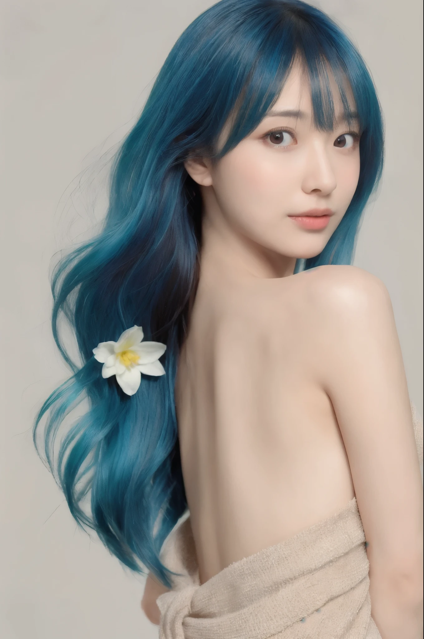 (masterpiece), (best quality), (  Super Detailed  ),(Disc Hair   ),(illustration), ( 1 female ), ((whole body照,  completely nude)), Standing, fashion model, Look at the audience, (interview), (  simple background),  Beautiful and agile eyes,  Exquisite and beautiful , Floating, (  High Saturation  ), (   Color Splashes   ), Colorful bubbles, (shine),  Focused on face , ponytail,   Uri scented on Uri  ,  light blue hair, Bangs, hair tie, Floating flowers,   Flowing hair  , (shiny), Optimal lighting,   BEST SHADOW  , whole body, vision