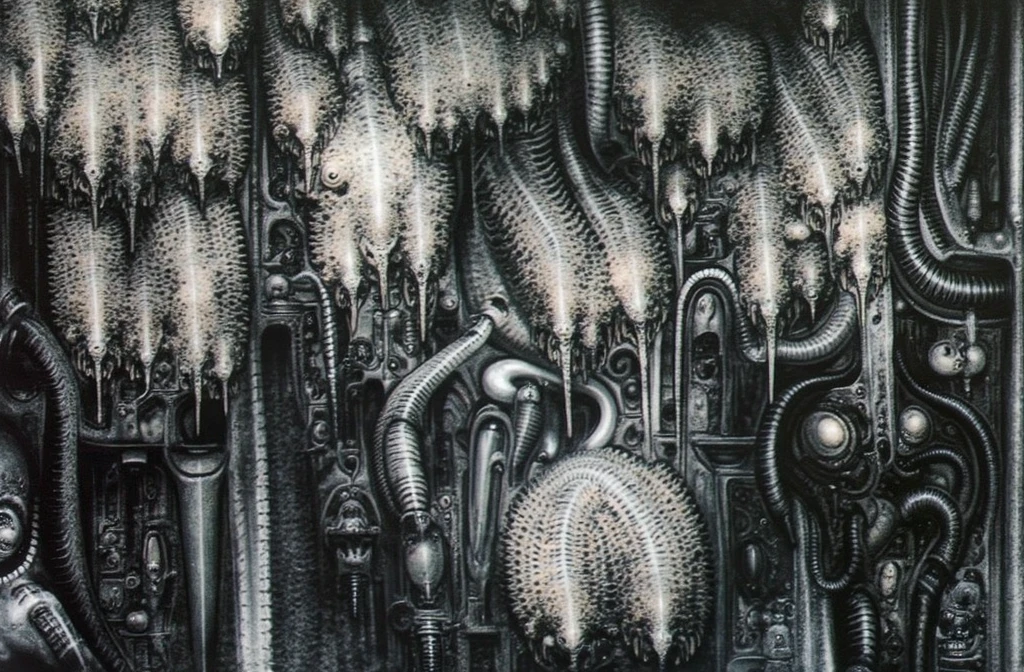 HRGGR, The image is a detailed view of H.R. Giger's biomechanical tableau \" LANDSCAPE No 312 \" plate, featuring a complex, intricate, and detailed design of endless Machine in the transit space over the cascade of fallen water, that appears to be a fusion of organic and mechanical elements, with a focus on the interplay between the two.The piece is a tableau, most likely created with a India ink pen or pencil on paper, determined by the thin lines, shading techniques, and the texture of the paper, which is visible around the edges. Used is pen, given the shading and variations in line weight visible in the image. Artist have used a variety of stylus with different degrees of hardness to achieve the shading effects. The use of undersaturated green-grays dark contrasts creates a stark and graphic look. Is used a variety of linework techniques to create different textures. Fine, parallel lines create a smooth, metallic texture,while thicker, more cursive lines suggest cables or wires. Light source from the top highlights skeletals, pper part of foreground, lower part of image is in shadowupper part of foreground, lower part of image is in shadow. The art performance showcases the artist’s skills in observation and rendering. The level of detail in the piece suggests a close study of real bone specimens and mechanics. The artist has skillfully used shading techniques to create a convincing illusion of three-dimensionality on a flat surface. The wrinkles and cracks in the surface, and the cast shadows with accuracy, used shading techniques to create a realistic depiction of light and shadow on the objects. This creates a sense of depth and dimension in the image. The artist has used careful linework to depict the contours and textures in the piece Sharp focus on foreground elements illustration. Deep and delicate DOF. Big painting. Stored in Louvre masterpiece, ooze soaked pajama top