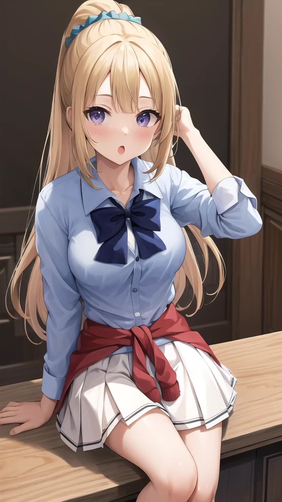 masterpiece, best quality, highres, aakei, long hair, blonde hair, ponytail, hair scrunchie, blue bowtie, collared shirt, blue shirt, sleeves rolled up, clothes around waist, pleated skirt, white skirt, indoors, wariza, :o, sitting, socks