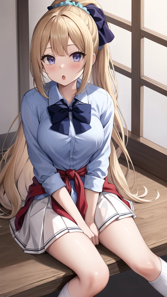 masterpiece, best quality, highres, aakei, long hair, blonde hair, ponytail, hair scrunchie, blue bowtie, collared shirt, blue shirt, sleeves rolled up, clothes around waist, pleated skirt, white skirt, indoors, wariza, :o, sitting, socks