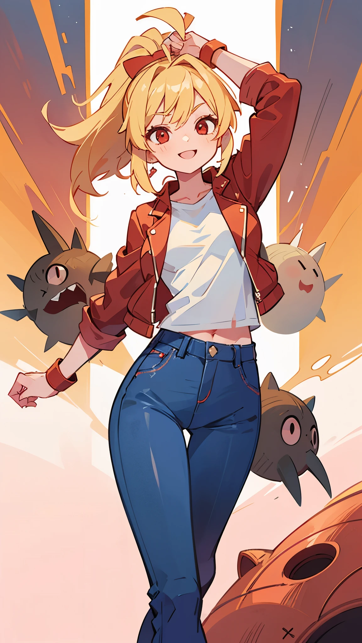 Girl、 blonde ponytail、Ahoge、Big round red eyes、 evil smile、Small breasts、 white t-shirt、Red leather rider jacket、Blue jeans pants、 holding a plasma spear