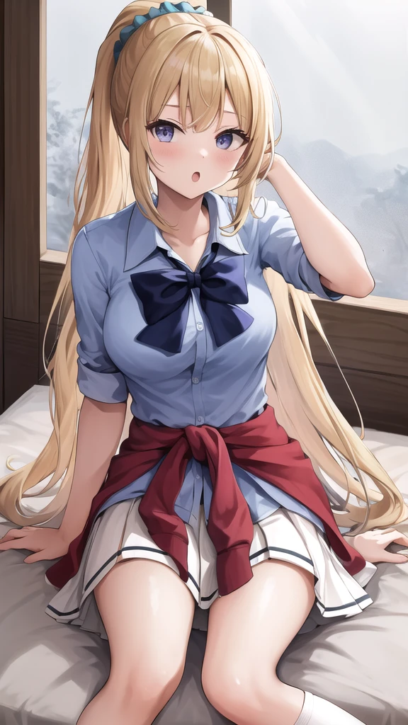 masterpiece, best quality, highres, aakei, long hair, blonde hair, ponytail, hair scrunchie, blue bowtie, collared shirt, blue shirt, sleeves rolled up, clothes around waist, pleated skirt, white skirt, indoors, wariza, :o, sitting, socks