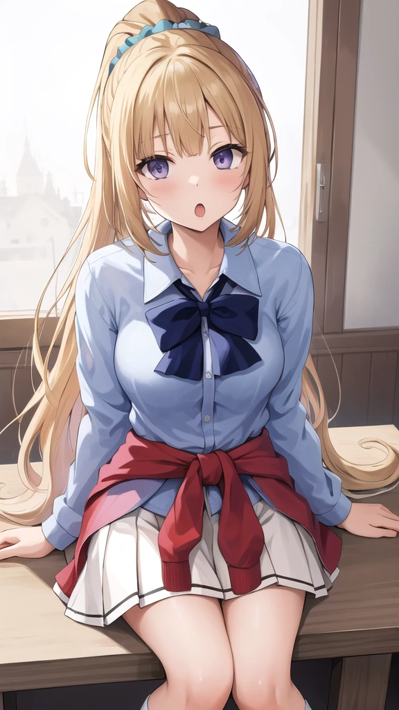 masterpiece, best quality, highres, aakei, long hair, blonde hair, ponytail, hair scrunchie, blue bowtie, collared shirt, blue shirt, sleeves rolled up, clothes around waist, pleated skirt, white skirt, indoors, wariza, :o, sitting, socks