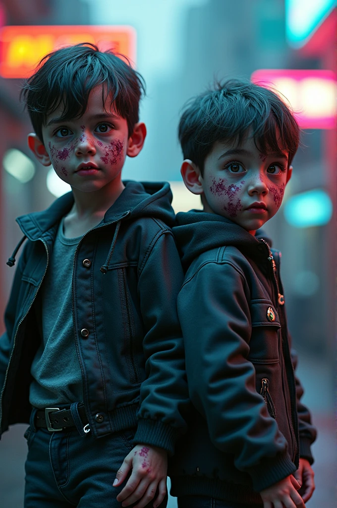 Two cute boys as a Zombie,( superior quality 、8k、32K、FIRST WORK、nffsw:1.3)、(The ultra-A high definition)、( photorealistic :1.4)、RAW photography,perfect eyes,Charming perfect figure,actionpose:1.2,Detailed cyberpunk fashion、Cyberpunk World, depth of fields ,blurred background,、