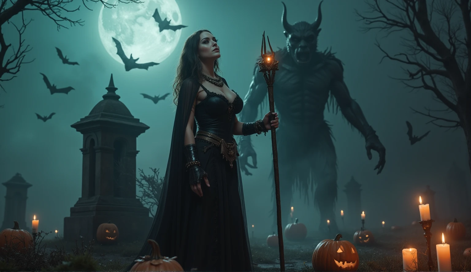 In a haunting Halloween setting, a stunning female wizard stands tall amidst the eerie atmosphere of a cemetery. Her large, luscious breasts are adorned with intricate Wiccan jewellery, matching her detailed makeup. Sneaky bats flutter above as she gazes up at the moonlit horizon, where a ghostly mist swirls and dances. The DEVIL SPAWN creature looms menacingly behind her, its twisted features contorted in rage. Candles flicker, casting sharp shadows on her ultra-detailed skin with visible pores. Her perfect hands hold a staff, channelling magical energy as creepy pumpkins and mysterious fog surround her. A DSLR camera captures the photorealistic masterpiece in stunning UHD resolution, an award-winning work of art that transports viewers to a realm of darkness and wonder.