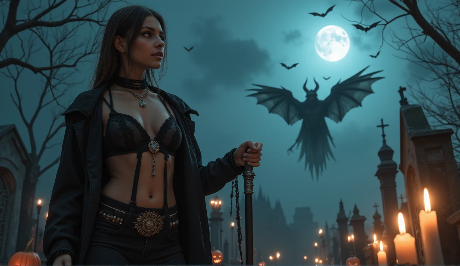 In a haunting Halloween setting, a stunning female wizard stands tall amidst the eerie atmosphere of a cemetery. Her large, luscious breasts are adorned with intricate Wiccan jewellery, matching her detailed makeup. Sneaky bats flutter above as she gazes up at the moonlit horizon, where a ghostly mist swirls and dances. The DEVIL SPAWN creature looms menacingly behind her, its twisted features contorted in rage. Candles flicker, casting sharp shadows on her ultra-detailed skin with visible pores. Her perfect hands hold a staff, channelling magical energy as creepy pumpkins and mysterious fog surround her. A DSLR camera captures the photorealistic masterpiece in stunning UHD resolution, an award-winning work of art that transports viewers to a realm of darkness and wonder.