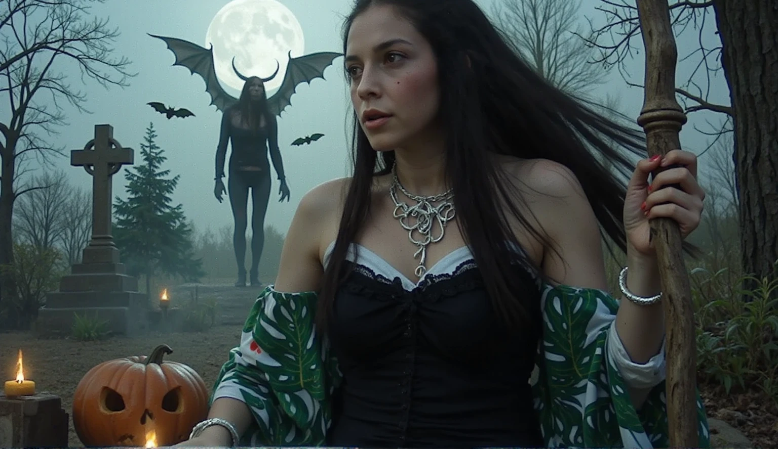 In a haunting Halloween setting, a stunning female wizard stands tall amidst the eerie atmosphere of a cemetery. Her large, luscious breasts are adorned with intricate Wiccan jewellery, matching her detailed makeup. Sneaky bats flutter above as she gazes up at the moonlit horizon, where a ghostly mist swirls and dances. The DEVIL SPAWN creature looms menacingly behind her, its twisted features contorted in rage. Candles flicker, casting sharp shadows on her ultra-detailed skin with visible pores. Her perfect hands hold a staff, channelling magical energy as creepy pumpkins and mysterious fog surround her. A DSLR camera captures the photorealistic masterpiece in stunning UHD resolution, an award-winning work of art that transports viewers to a realm of darkness and wonder.