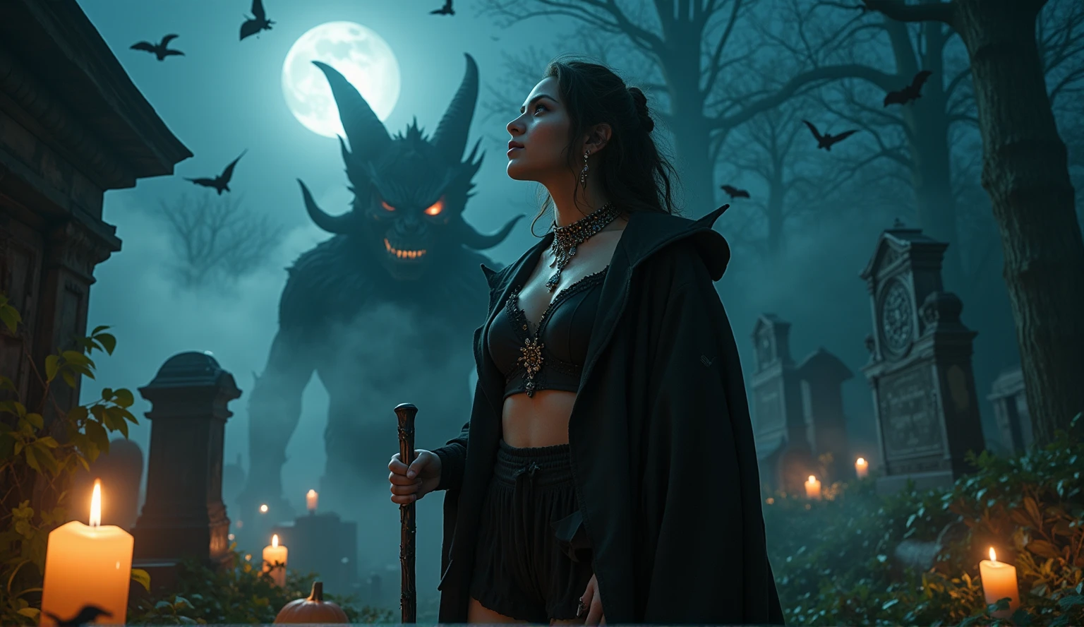 In a haunting Halloween setting, a stunning female wizard stands tall amidst the eerie atmosphere of a cemetery. Her large, luscious breasts are adorned with intricate Wiccan jewellery, matching her detailed makeup. Sneaky bats flutter above as she gazes up at the moonlit horizon, where a ghostly mist swirls and dances. The DEVIL SPAWN creature looms menacingly behind her, its twisted features contorted in rage. Candles flicker, casting sharp shadows on her ultra-detailed skin with visible pores. Her perfect hands hold a staff, channelling magical energy as creepy pumpkins and mysterious fog surround her. A DSLR camera captures the photorealistic masterpiece in stunning UHD resolution, an award-winning work of art that transports viewers to a realm of darkness and wonder.