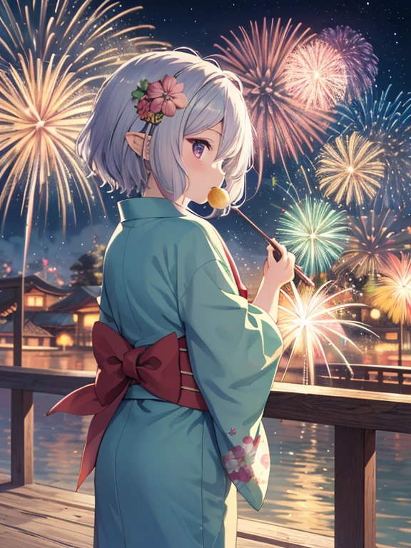 masterpiece,  best quality , Super detailed, Illustration, 8K resolution concept art,  Fantasy Art, Magnificent art, Concept Art Wallpaper 4K, Deep Color, kokkoro,  smaller , Yukata, Watch the fireworks, Eating festival pop, throw