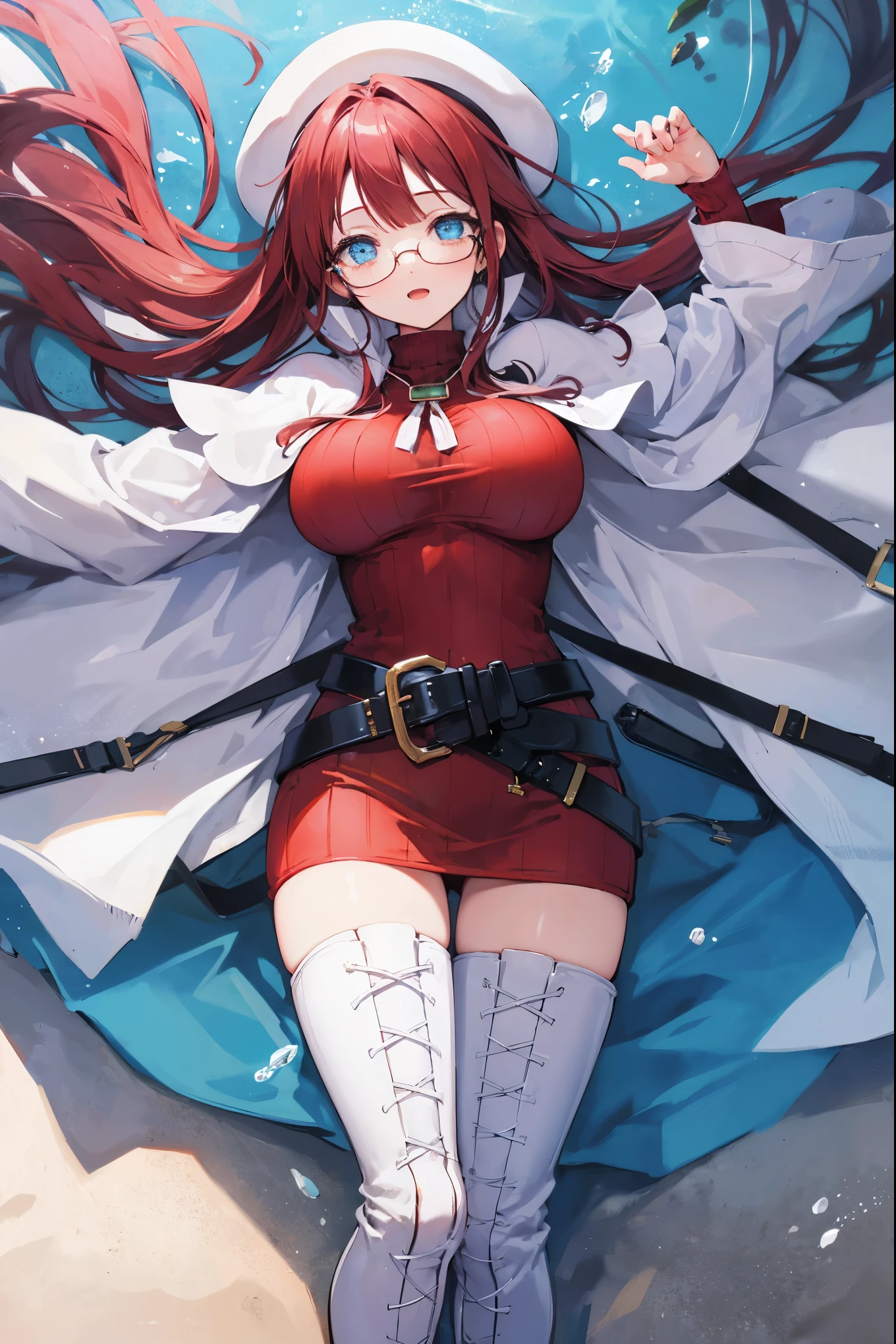 best quality, integrated scenery, integrated background, extremely delicate and beautiful, meticulous details, good composition, cute face, perfect face, perfect hands ,summonnightaty, aty, (young:1.3),long hair, blue eyes, red hair, large_breasts, hat, glasses,
BREAK long hair, thighhighs, dress,  glasses, belt, cape, sweater, turtleneck ,zettai ryouiki, beret, thigh boots, white footwear, ribbed sweater, loose belt,solo,
BREAK outdoors, fantasy,
,Highquality_hads,perfect_fingers,
BREAK , best quality, high resolution, unity 8k wallpaper, (illustration:0.8), (beautiful detailed eyes:1.6), extremely detailed face, perfect lighting, extremely detailed CG, (perfect hands, perfect anatomy),(covered_nipples:0.6),(covered_navel:0.6) ,half_eyes,sleepy_eyes,red_sweater,rise_knee,light_Smile,open_arms,in_beach,plump,open_mouth,solo, lie_down,,incoming_hug,open_arms,(covered_breasts:1.5), slouch