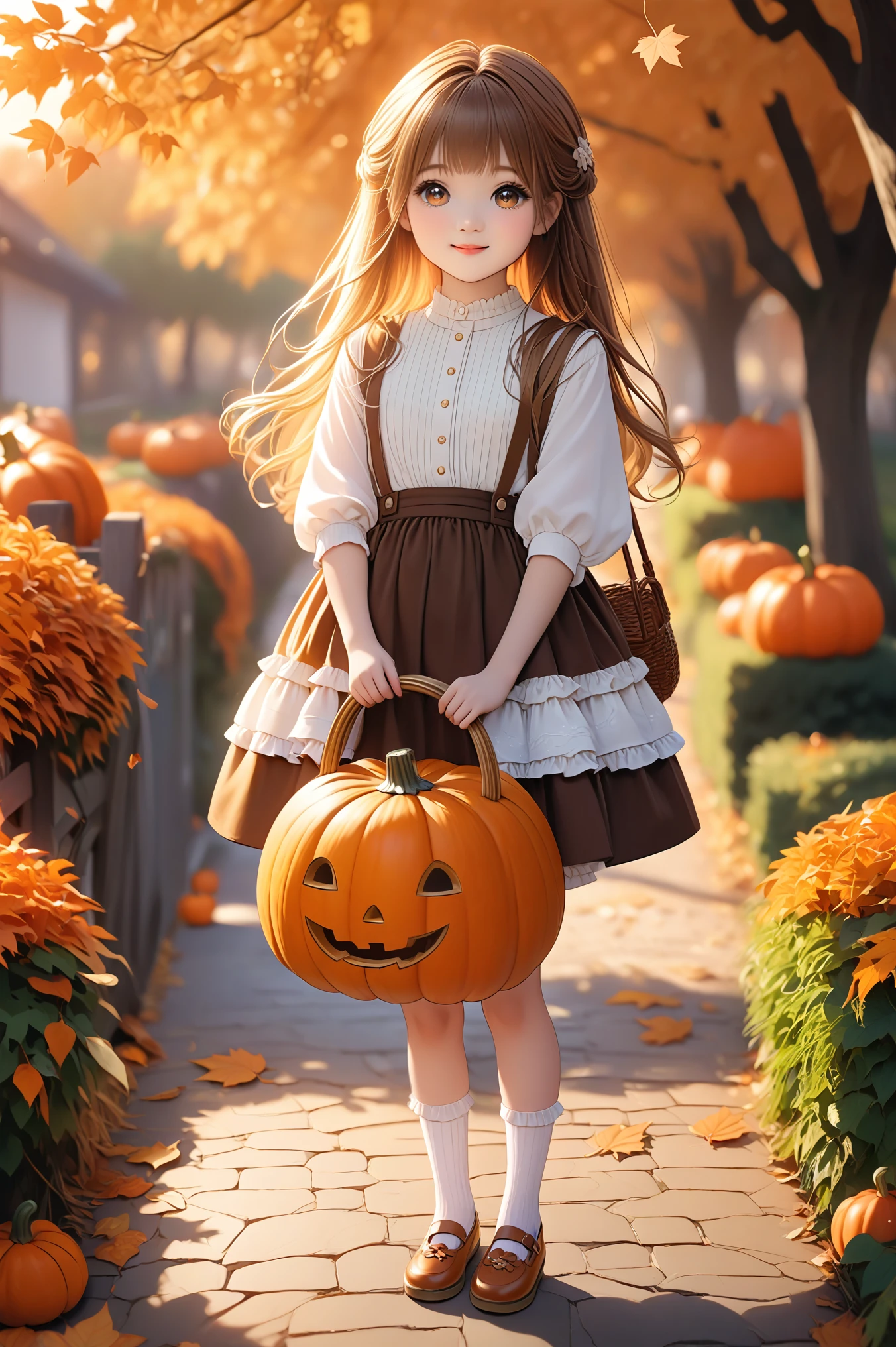 masterpiece,8k,Highest quality,raw photo ,high detailed,Soft twilight in autumn、Colored trees々 x} A cute *********** standing underneath {x} happily holding a small pumpkin bag is wearing a pumpkin bloomer。 The bloomer is orange with a soft bulge 、 has a characteristic pumpkin-like shape 。 The girl wears a blouse with white ruffles 、 A small ribbon is attached to the head 。 smiling face is innocent 、 with white socks and brown strap shoes on her feet 。 。 A golden sunset shines into the background 、Fallen leaves are fluttering 、 A warm and gentle atmosphere spreads 。 The pumpkin bloomer enhances the sense of the season 、 cute autumn scene ,perfecteyes