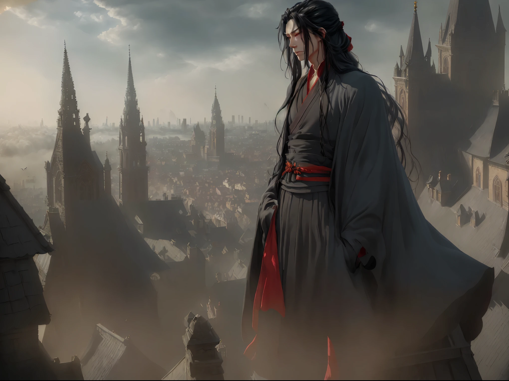 hands hidden in pockets, Wei Wuxian flying on a broom over a European city,wizard,pointed hat,broomstick flight,(best quality,4k,8k,highres,masterpiece:1.2),ultra-detailed,(realistic,photorealistic,photo-realistic:1.37), magical realism,dramatic lighting,vibrant colors,cinematic perspective,cinematic composition, A beautiful fantasy European city, a man flying on a broom over the city, a wizard on a broom, intricate architecture, cobblestone streets, colorful houses, spires, towers, bridges, detailed clouds, sun rays, birds flying, cinematic lighting, vibrant colors, fantasy, photorealistic, 8k, highres, masterpiece, a fantasy city in western europe, beautiful European city, cathedrals, beautiful buildings, 1 city, medieval architecture, ornate spires, cobblestone streets, lush foliage, glowing lanterns, warm lighting, detailed stone carvings, intricate window designs, (best quality,4k ,8k,highres,masterpiece:1.2),ultra-detailed,(realistic,photorealistic,photo-realistic:1.37),cinematic lighting,dramatic shadows,volumetric fog,vivid colors,highly detailed, Wei Wuxian, Mo Dao Zu Shi, mdzs, black and red clothes, gray eyes, long black hair, hair tied up