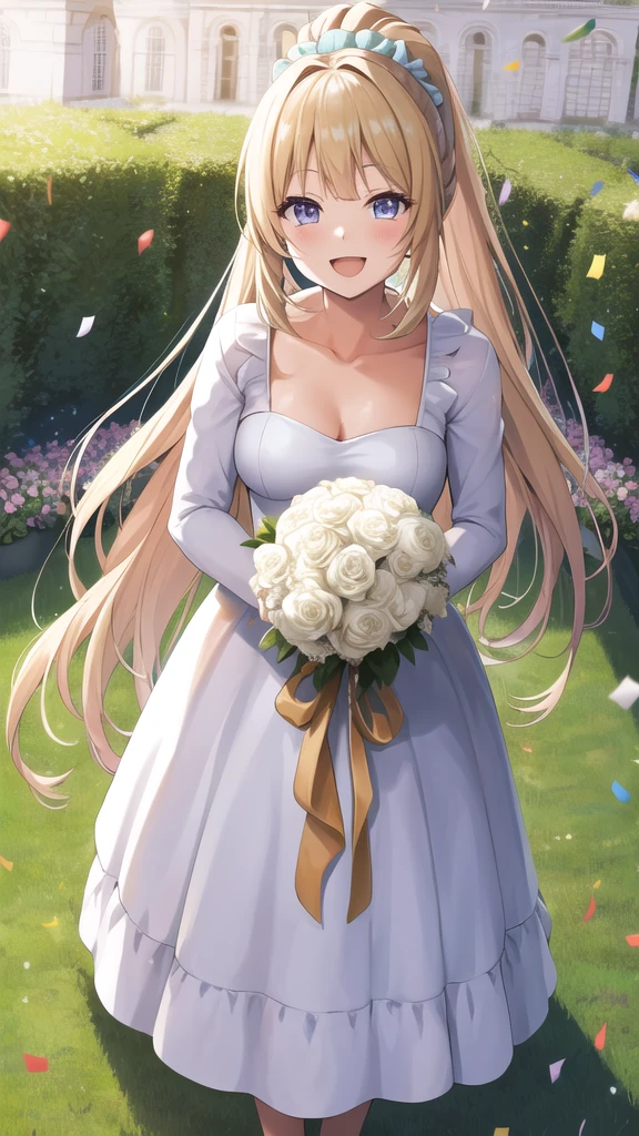 masterpiece, best quality, highres, aakei, long hair, blonde hair, ponytail, hair scrunchie, wedding dress, standing, garden, confetti, holding bouquet, smile, open mouth,