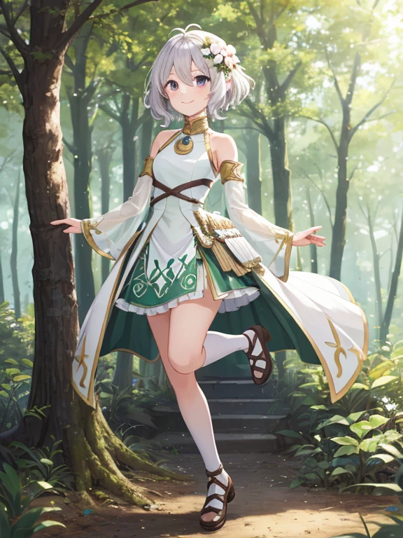 masterpiece,  best quality , Super detailed,  1 girl, kokkoro, White Dress,   Detached Sleeves, Full Body, forest, smile 