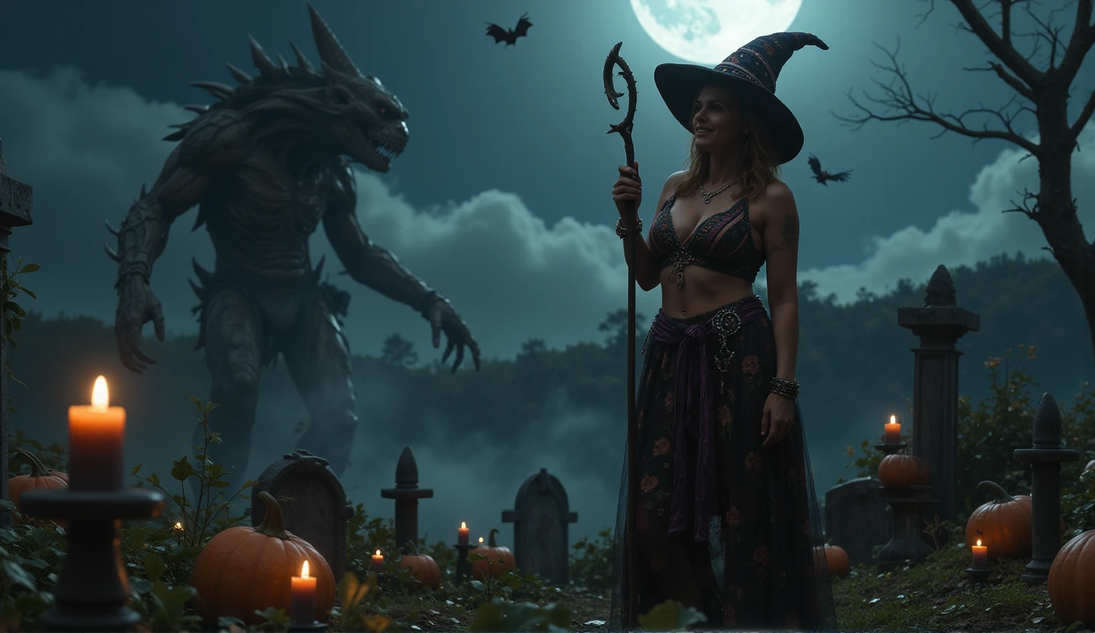 In a haunting Halloween setting, a stunning female wizard stands tall amidst the eerie atmosphere of a cemetery. Her large, luscious breasts are adorned with intricate Wiccan jewellery, matching her detailed makeup. Sneaky bats flutter above as she gazes up at the moonlit horizon, where a ghostly mist swirls and dances. The DEVIL SPAWN creature looms menacingly behind her, its twisted features contorted in rage. Candles flicker, casting sharp shadows on her ultra-detailed skin with visible pores. Her perfect hands hold a staff, channelling magical energy as creepy pumpkins and mysterious fog surround her. A DSLR camera captures the photorealistic masterpiece in stunning UHD resolution, an award-winning work of art that transports viewers to a realm of darkness and wonder.