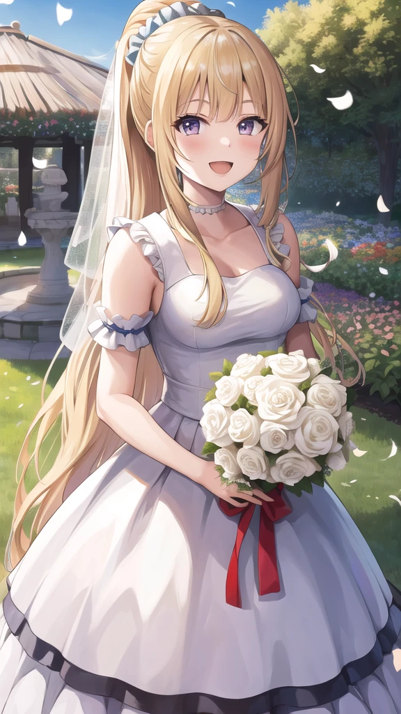 masterpiece, best quality, highres, aakei, long hair, blonde hair, ponytail, hair scrunchie, wedding dress, standing, garden, confetti, holding bouquet, smile, open mouth,