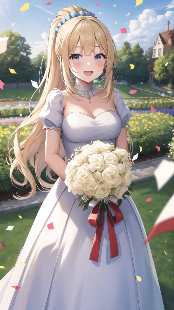 masterpiece, best quality, highres, aakei, long hair, blonde hair, ponytail, hair scrunchie, wedding dress, standing, garden, confetti, holding bouquet, smile, open mouth,