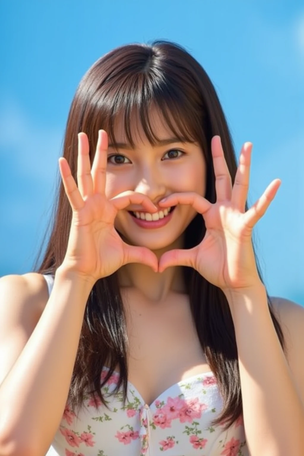    cute high school girl、 The background is a bright blue sky with a soft blur effect {x} staring at the camera with a slightly shy expression {x} posing with both hands making a firm big heart shape and holding it in front of her chest, 明るく楽しそうなsmile、 slightly embarrassed expression ,  staring at the camera ,  hair up to the shoulders 、Light waves 、 with bangs softly covering her forehead , 彼女は camisole with prominent buttocksを着ており、A refreshing impression,  the background is a bright blue sky with a soft blur effect 、リアルなphotograph風のスタイル、 like it was taken with a professional camera , Soft natural light、(Healthy and young々Fresh skin)、 shot with a professional camera 、 she has a bright and happy smile 、High image quality  , 32K,     very accurate anatomy    , masterpiece, Realistic,   very detailed , photograph,   Kampala , ((Heart shaped hands:2.78, Cute hairstyle)), Smoother light, Official Art,   Boundary depth description  ,  bright light, Detailed face, ((smile:1.0)),  eyes in the shape of a heart,    skin with real texture    ,   camisole with prominent buttocks