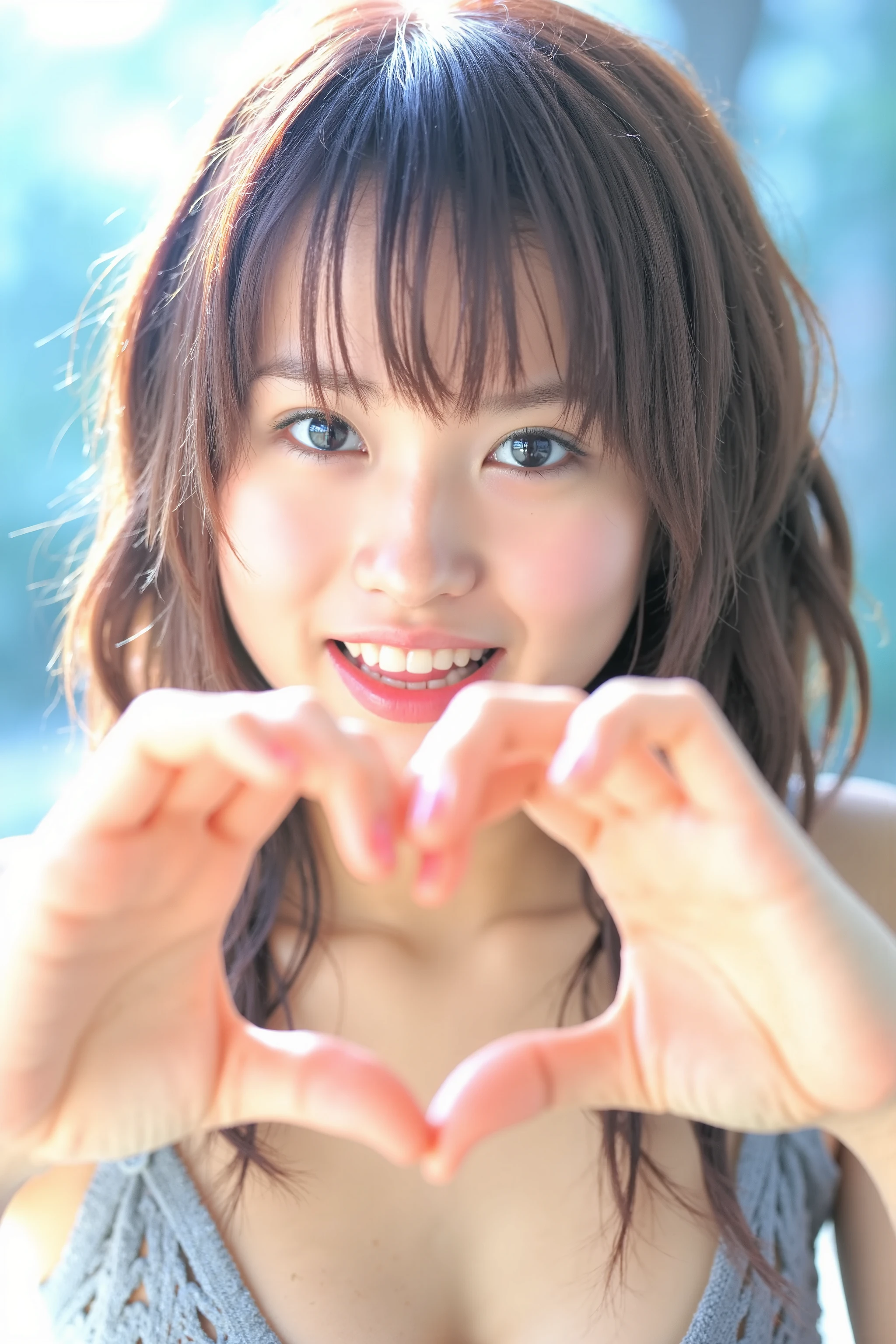    cute high school girl、 The background is a bright blue sky with a soft blur effect {x} staring at the camera with a slightly shy expression {x} posing with both hands making a firm big heart shape and holding it in front of her chest, 明るく楽しそうなsmile、 slightly embarrassed expression ,  staring at the camera ,  hair up to the shoulders 、Light waves 、 with bangs softly covering her forehead , 彼女は camisole with prominent buttocksを着ており、A refreshing impression,  the background is a bright blue sky with a soft blur effect 、リアルなphotograph風のスタイル、 like it was taken with a professional camera , Soft natural light、(Healthy and young々Fresh skin)、 shot with a professional camera 、 she has a bright and happy smile 、High image quality  , 32K,     very accurate anatomy    , masterpiece, Realistic,   very detailed , photograph,   Kampala , ((Heart shaped hands:2.78, Cute hairstyle)), Smoother light, Official Art,   Boundary depth description  ,  bright light, Detailed face, ((smile:1.0)),  eyes in the shape of a heart,    skin with real texture    ,   camisole with prominent buttocks