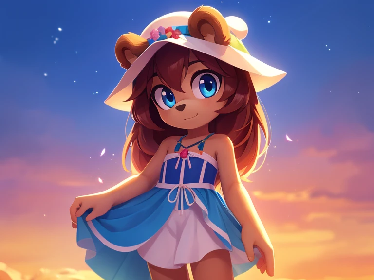 mobian bear, brown hair, brown eyes, black hair, black fur, straight hair, long hair, female, medium breasts, ocean, female, 1girl, portrait, standing, nightgown, strapless bra, cleavage, white long skirt, transparent skirt, dominant female, smile, shore, frilled underwear, night, moon, stars, ghost, transparent body, psychedelic background, Masterpiece, high quality, studio quality, intricate details, 4k, solo