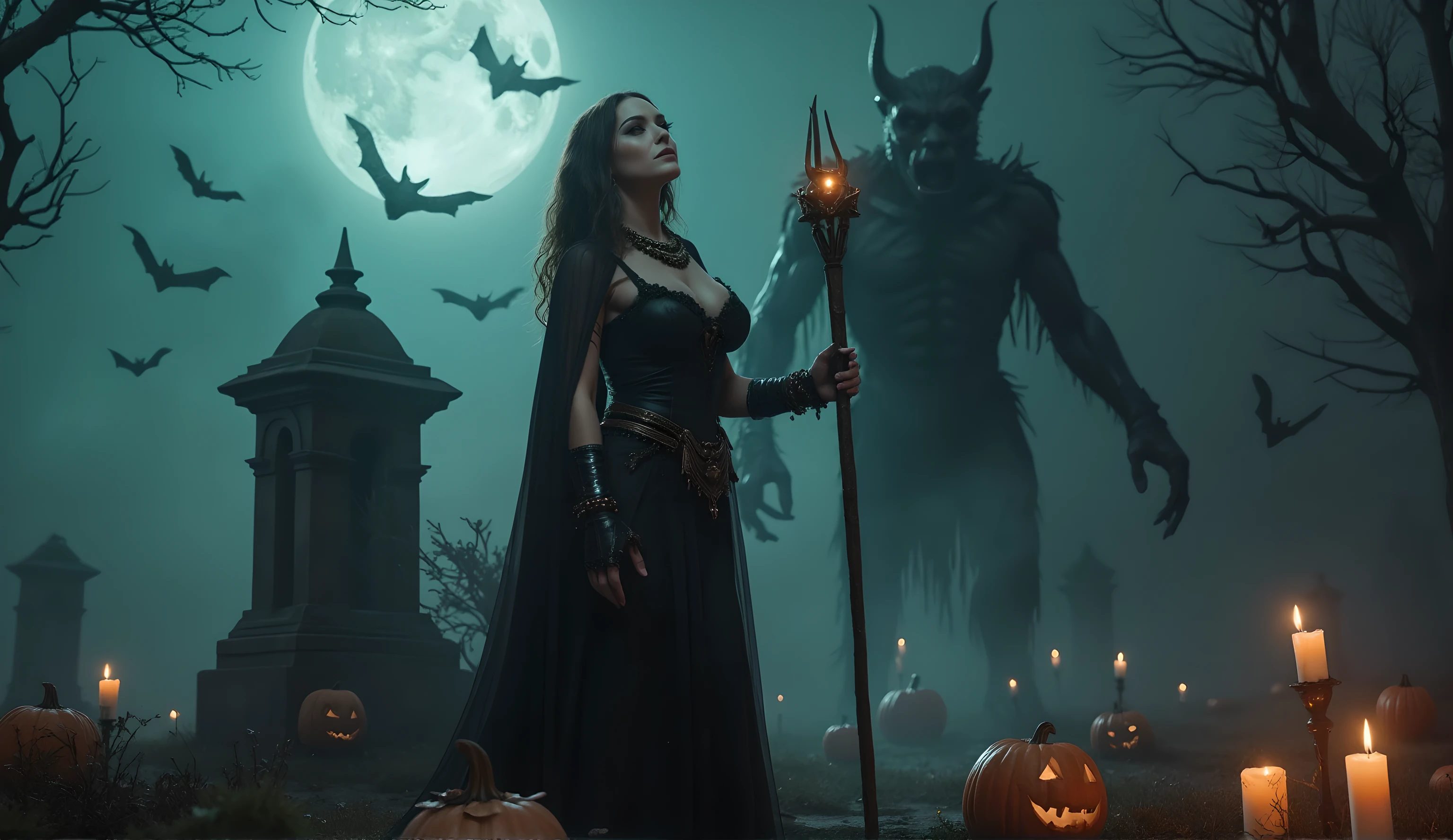 In a haunting Halloween setting, a stunning female wizard stands tall amidst the eerie atmosphere of a cemetery. Her large, luscious breasts are adorned with intricate Wiccan jewellery, matching her detailed makeup. Sneaky bats flutter above as she gazes up at the moonlit horizon, where a ghostly mist swirls and dances. The DEVIL SPAWN creature looms menacingly behind her, its twisted features contorted in rage. Candles flicker, casting sharp shadows on her ultra-detailed skin with visible pores. Her perfect hands hold a staff, channelling magical energy as creepy pumpkins and mysterious fog surround her. A DSLR camera captures the photorealistic masterpiece in stunning UHD resolution, an award-winning work of art that transports viewers to a realm of darkness and wonder.