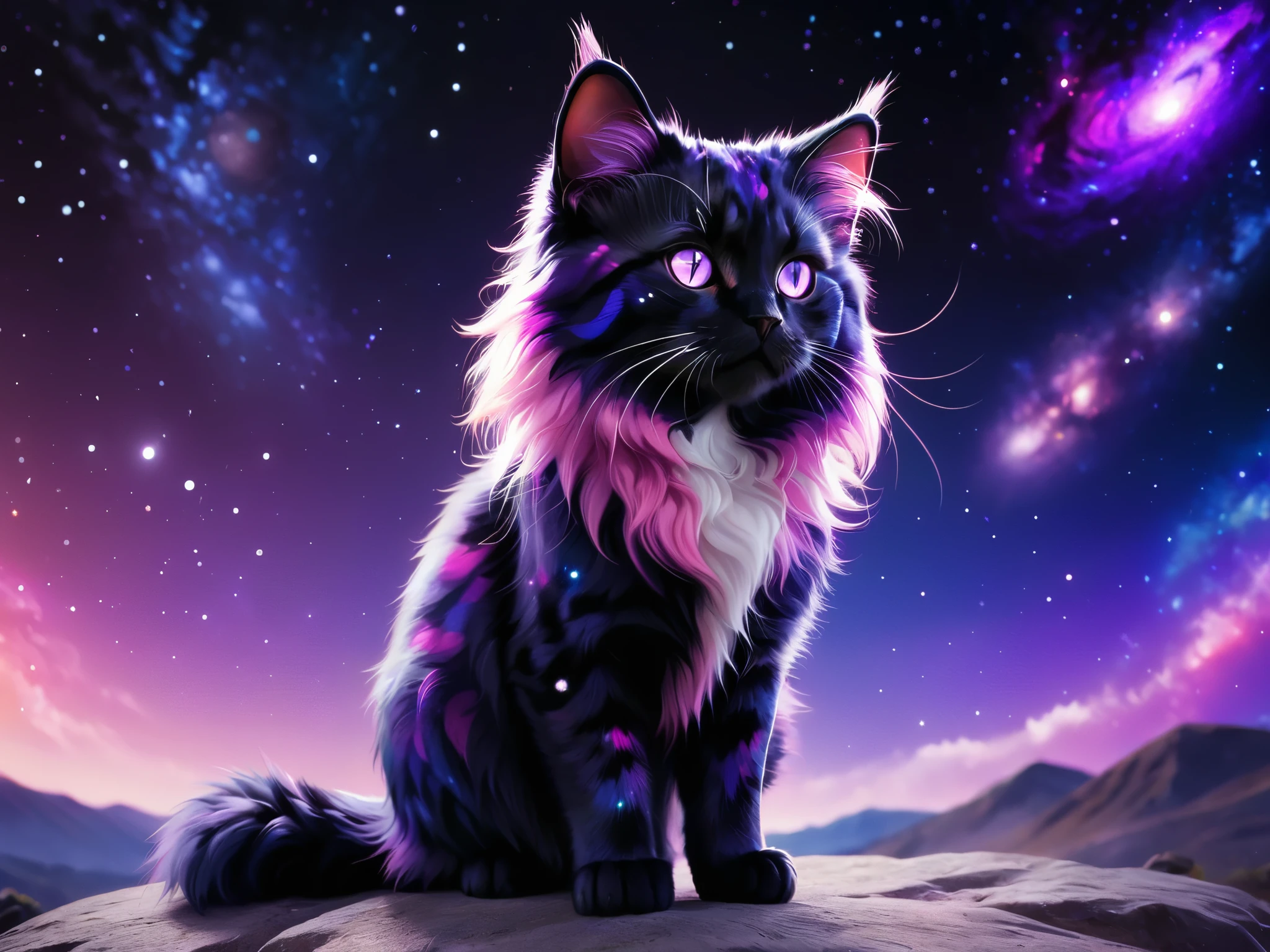 cat, feral, male,
black fur, ((galaxy patterned fur)), purple furred locks, purple eyes, pink ears, pink noise, purple chin, purple claws,
cute, (fullbody),
masterpiece, 4k