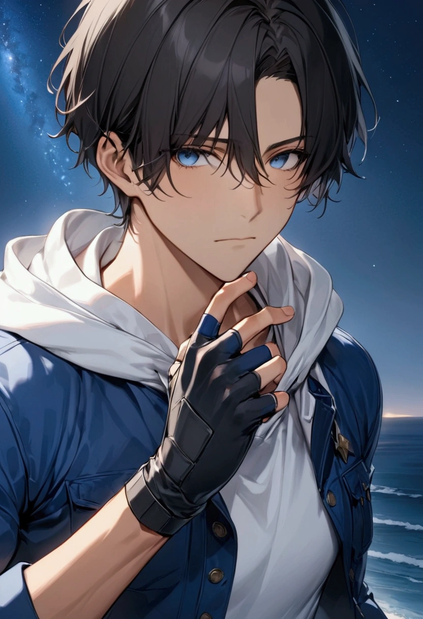 (masterpiece,  best quality :1.2), dark haired young man"Asuka", clothing: white hoodie with blue jacket ,  fingerless driver's gloves,  upper body focus ,  bust up shot ,simple background with a starry sky on one side, The act of retightening the right hand glove raised with a serious expression with the left hand