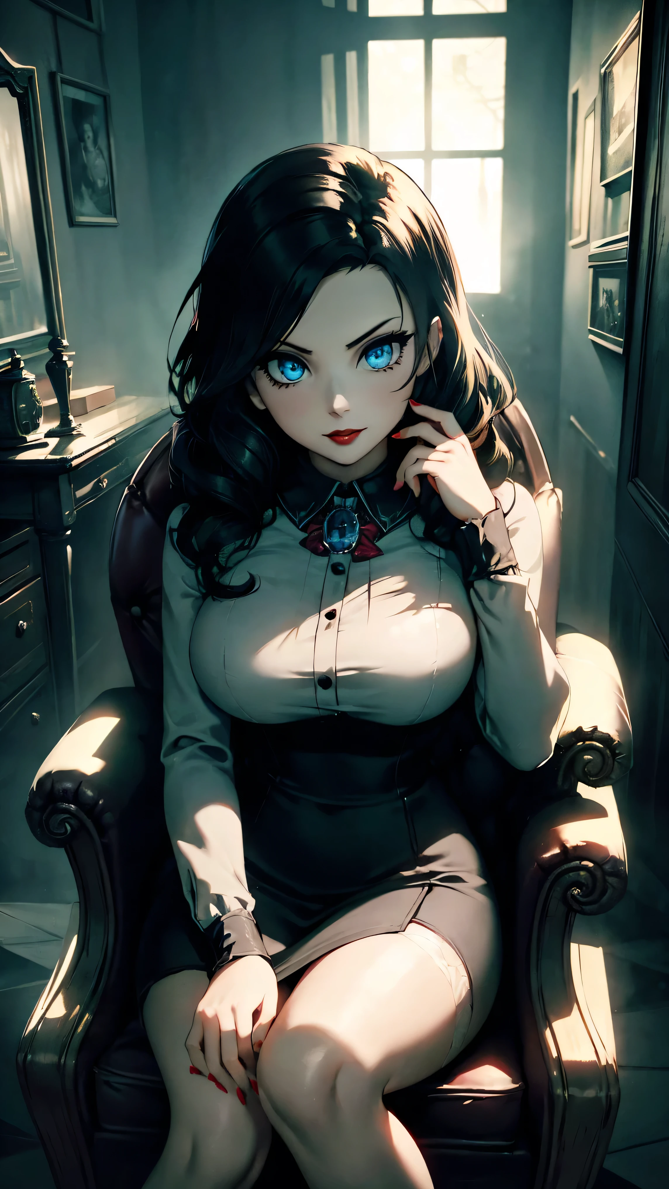 { 4k wallpaper : illustration : beautiful detailed eyes : extremely detailed face : perfect lighting : extremely detailed CG }  { horror gloomy atmosphere} { dark horror theme } { in a dark dirty nerd room } { BioshockBurialElizabeth, 1girl, solo, black hair, blue eyes, red lipstick : elegant long dark hair   :  : perfectly  shape breast : perfectly smooth fit body : princess dress : sweet smile : looking at viewer  } {: sitting on her throne }