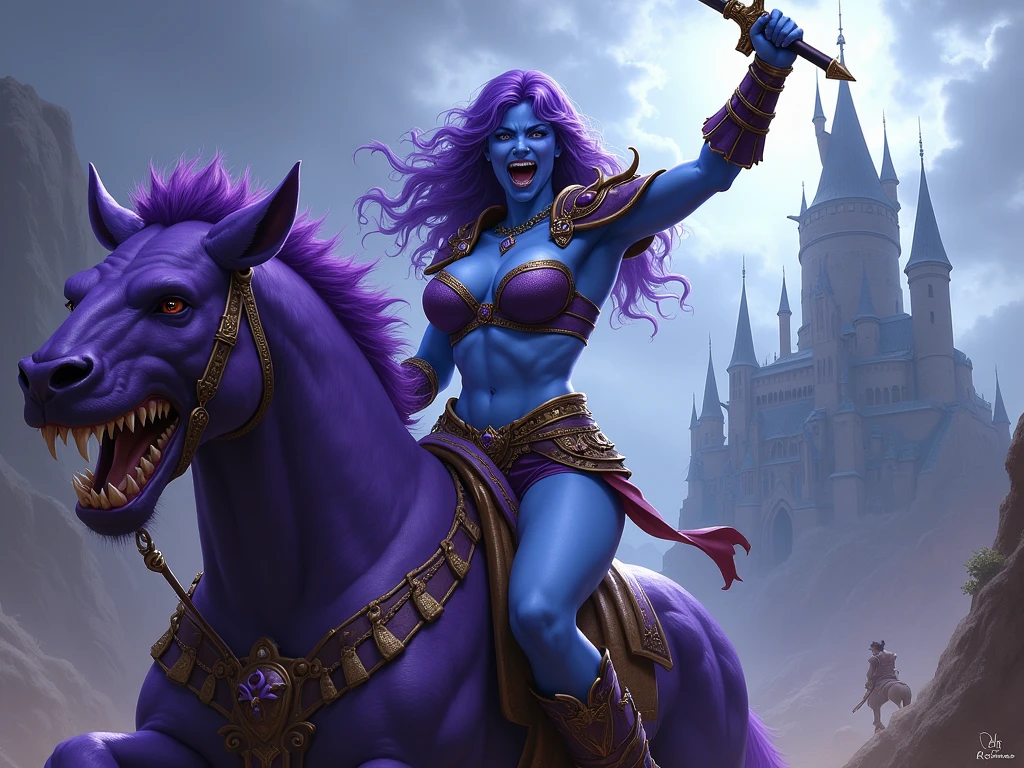 a female warrior with blue skin and purple hair. wearing purple bikini armor with an armored collar and shoulder pads, embellished with gold trim in a low fantasy setting. She has narrow lavender colored eyes. Her figure is strong and curvy, with wide hips and large breasts. Show her riding into battle on a exotic beast, her arm raised and swinging a sword, she yells an angry war cry. use a dramatic comic book style richly detailed inspired by masters of the universe. castle greysku;l looms in the background. use a dramatic digital art style with dramatic shadows and lighting. moody lighting