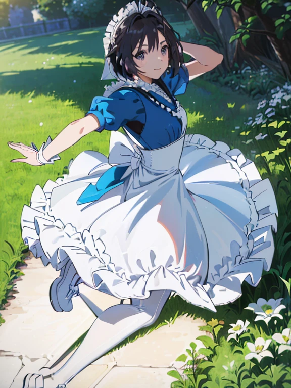   1 girl, Alone,  best quality ,  Kampala, 8k, wallpaper, Super detailed, (((Detailed face,  perfect anatomy))), ((( Dynamic Angle,  dynamic poses , looking back))), smile,  Alice in Wonderland , (((  Wear a Light Blue Dress ,  White Apron ,  Frill apron ,  WHITE LEG WEAR ,  white pantyhose, Black footwear, mary janes))),  outdoor , (((Beautiful gardens, lawn))),