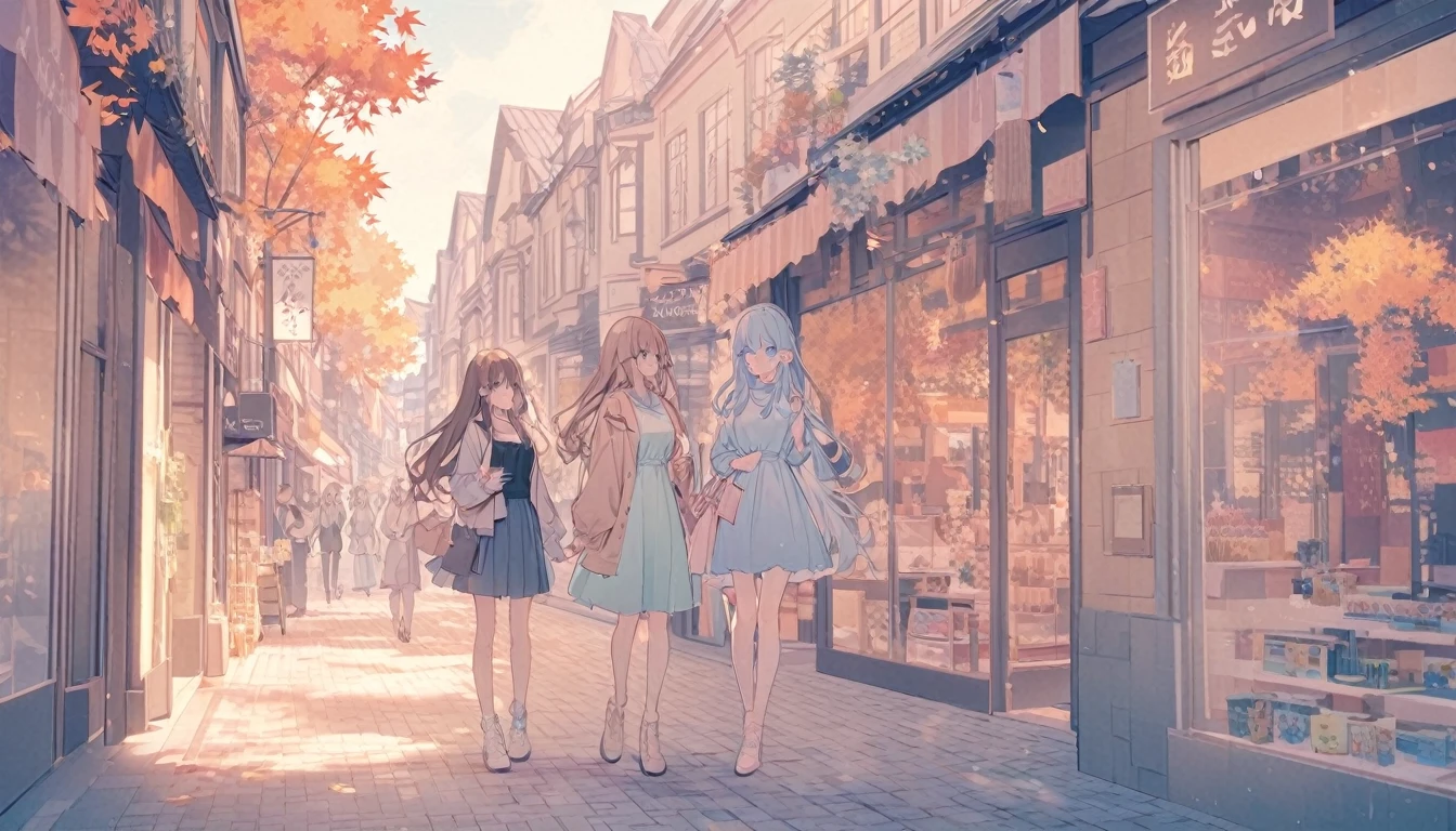  meeting,I'm looking at my phone,Shopping Street,Autumn townscape,Long Hair,Brown Hair,High Quality Backgrounds,whole bodyが写っている,whole body, pastel colors,A light touch,Light color,Illust