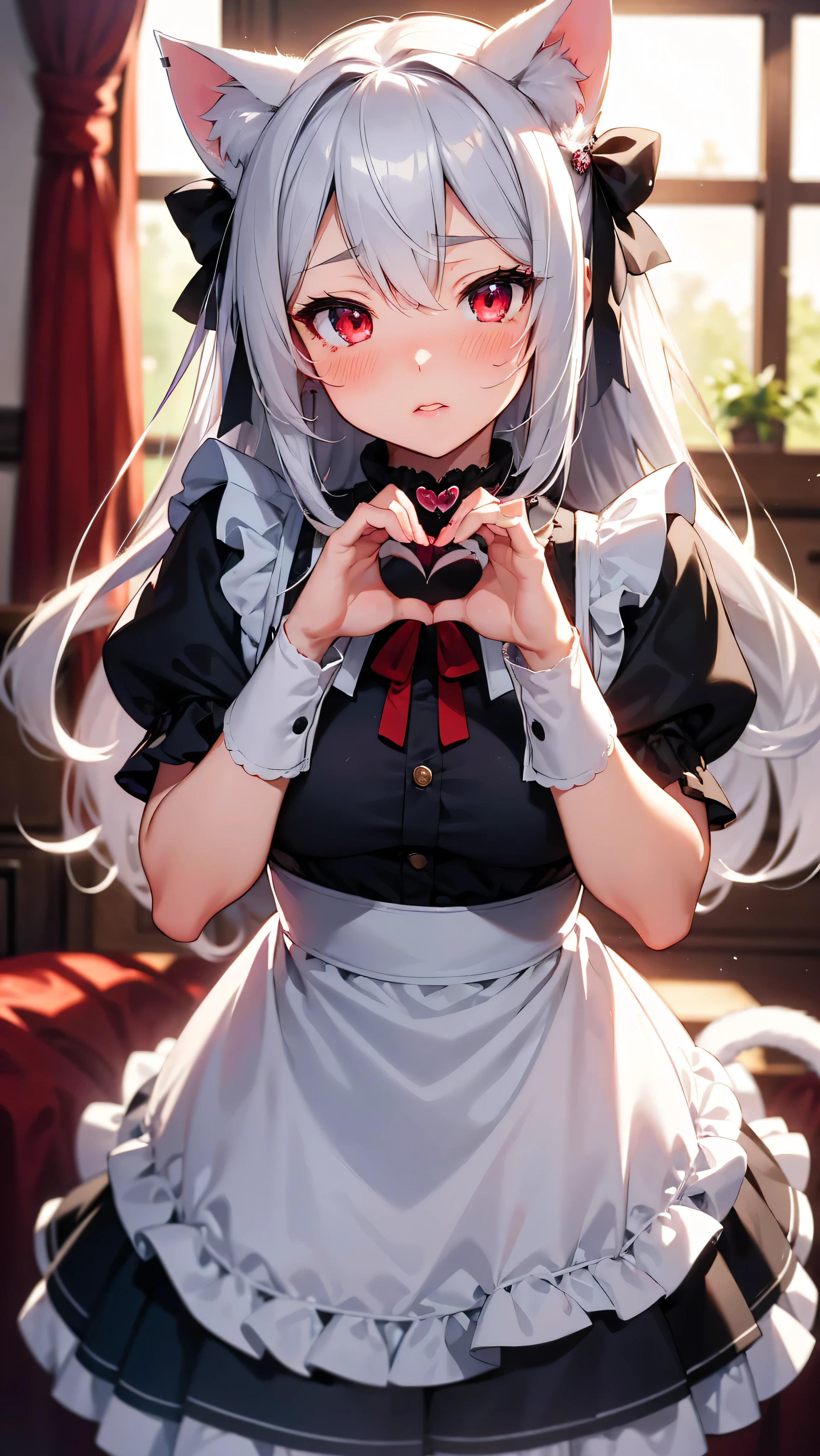 Front vie, (Heart Hands) super fine illustration, masterpiece, sharp focus, best quality, depth of field,ultra detailed,1girl, cat ears,maid,long hair,silver hair,hair between eyes,red eyes, detailed Lips, thick lips, embarrassed,blush, (Heart Hands),