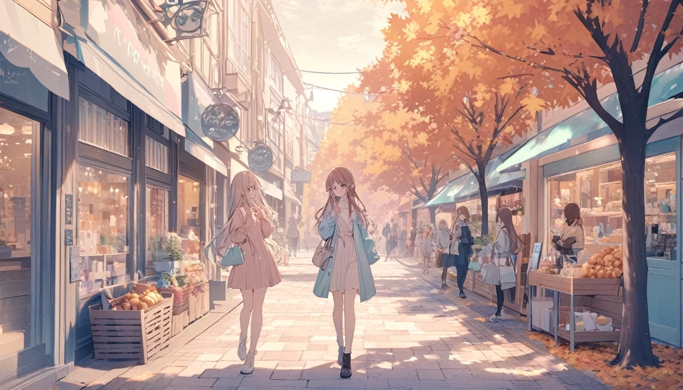  meeting,I'm looking at my phone,Shopping Street,Autumn townscape,Long Hair,Brown Hair,High Quality Backgrounds,whole bodyが写っている,whole body, pastel colors,A light touch,Light color,Illust