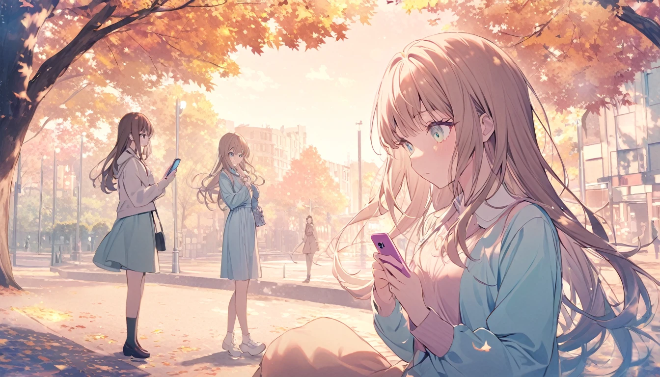  meeting,I'm looking at my phone,Shinjuku,Autumn townscape,Long Hair,Brown Hair,High Quality Backgrounds,whole bodyが写っている,whole body, pastel colors,A light touch,Light color,Illust