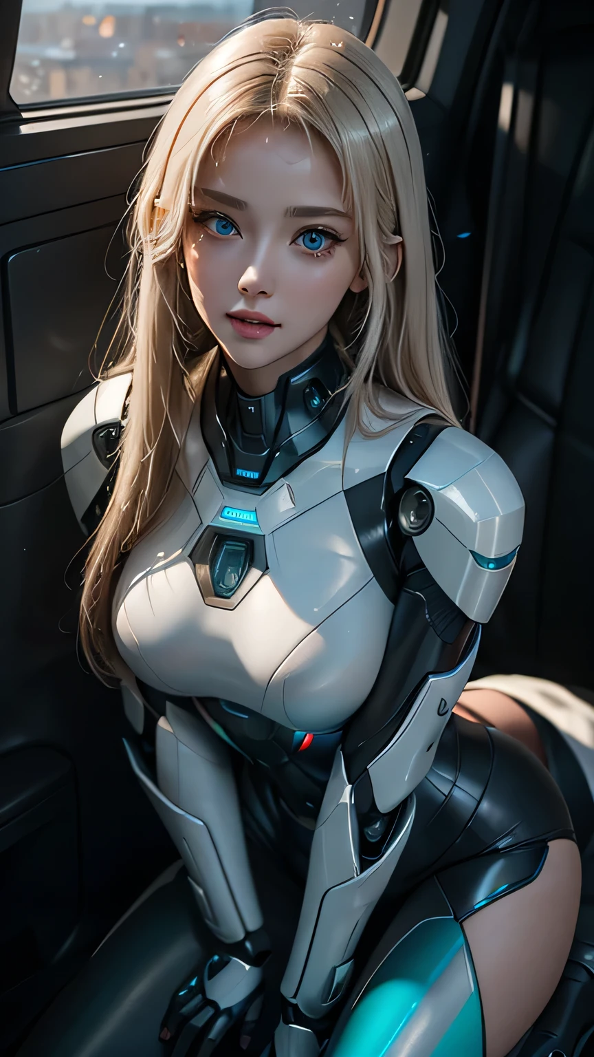 ((Highest quality)), ((masterpiece)), 8K quality, (detailed), High Resolution Skins:1.3, Realistic skin texture, full body, slim figure, (smile), close mouth, Natural Makeup, fluffy short hair, Messy Hair, Looking at Viewer, (Upper body from thighs up), sharp focus, Bust B cup, Beautiful eyes in every detail, realistic eyes and face details, depth of field, View from the front, platinum blonde hair, green eyes, (A woman in a white robot suit poses in a spaceship with big window), (running towards me:1.2), (the Jupiter is visible from the spaceship window), Hair blowing in the wind, (The robot suit has LED indicators and meters), the mechanical parts and big robot are visible, woman has cybernetic enhancements, glowing neon lines, neon lights, Advanced technology, High-tech products, Beautiful half-Caucasian cyborg girl, cute Cyborg Girl, Beautiful Cyborg Girl, Perfect Robot Girl, Cyborg Girl, Young cyborg woman, beautiful Female Robot, Beautiful robot woman, Cyborg Girl, Perfect cyborg woman, Porcelain Cyborg, Female Robot, Beautiful Cyborg Images, (full body Mecha cyber armor), A female android combatant from the future, dramatic lighting, Color holographic projection, Reflective surface,