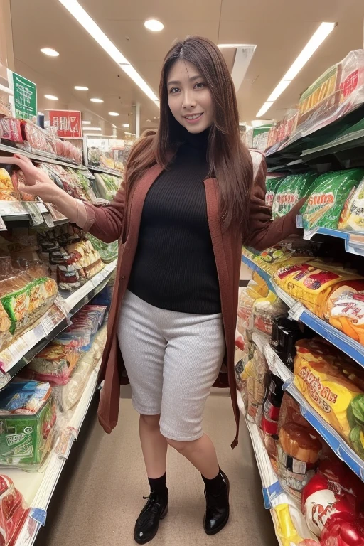 8K quality，masterpiece, best quality ,Clive Arch,At the supermarket，A woman around 30 years old, style，黒い下着を着ている on the lower body，Wearing sexy underwear，Sweater coat、Full body portrait，