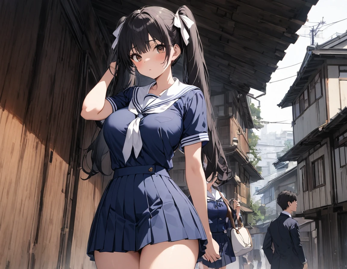 NSFW cowboy shot standing in the background is a modern Japanese building with black hair, twin tails, middle hair, brown eyes, big round eyes, big white ribbon breasts:1.1 thick summer (White collar:1.2), a dark blue high school girl in a dark blue tie pleated skirt wearing a short-sleeved summer sailor suit she is holding a Boston bag and wrinkles her eyebrows and standing silently standing on a stick　A blond high school boy is standing :1.3